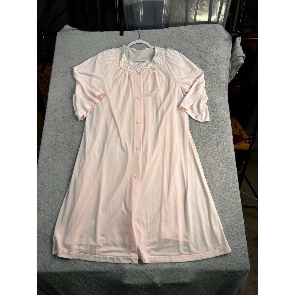 Shadowline Pink Nylon Floral Embroidered Nightgown Lounger‎ Robe Medium - Picture 3 of 9